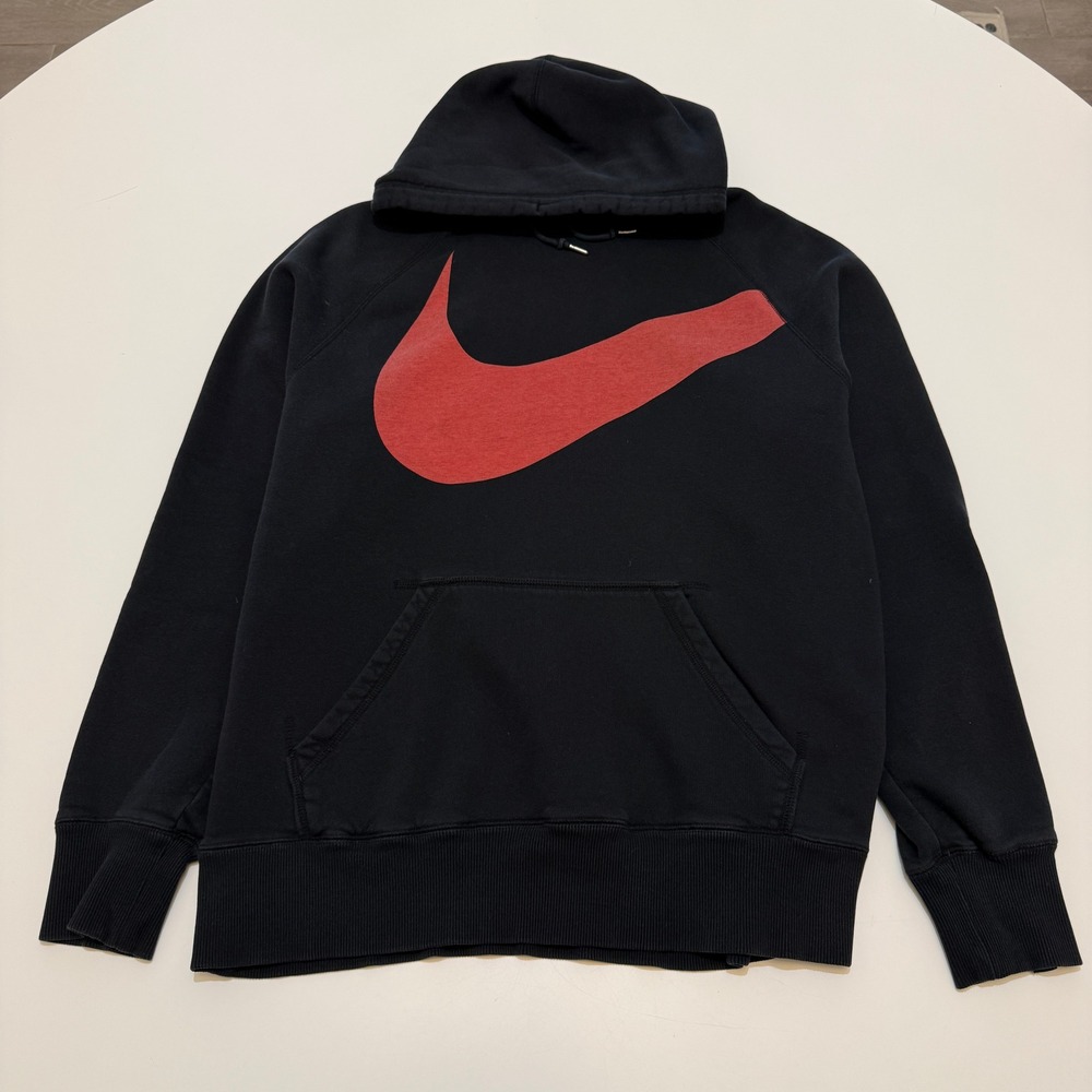 Nike Big Swoosh Black Red Cotton Blend Pullover Hoodie Mens Large